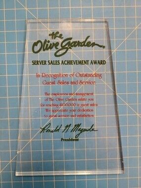 Olive Garden Restaurant Server Sales Achievement Award Plaque Collectible Decor